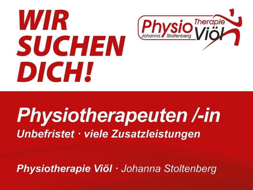Rotes Plakat mit weißer Schrift: „Wir suchen Dich! Physiotherapeuten/-in. Unbefristet · viele Zusatzleistungen. Physiotherapie Viöl · Johanna Stoltenberg.“